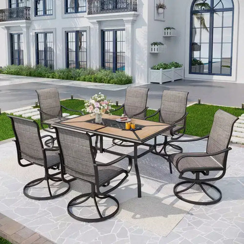 7pc Metal Patio Dining Set with 60"x37" Rectangular Metal Table & Padded Swivel Chairs - Captiva Designs