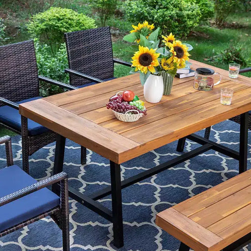 Set da pranzo da 6 pezzi per patio: tavolo in legno di acacia, panca, 4 poltrone in rattan - Captiva Designs