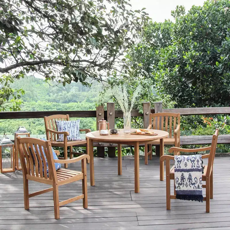 Tavolo da pranzo rotondo da esterno Sonoma Lane Channing in teak marrone chiaro – Resistente alle intemperie, 2. Foro per ombrellone