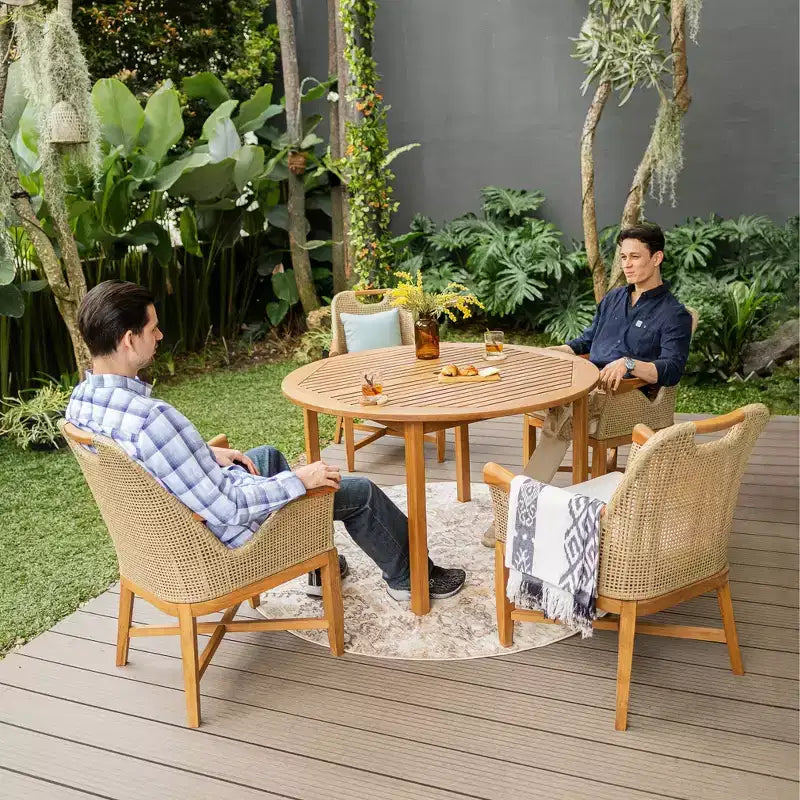 Tavolo da pranzo rotondo da esterno Sonoma Lane Channing in teak marrone chiaro – Resistente alle intemperie, 2. Foro per ombrellone