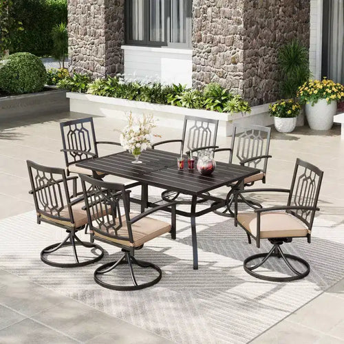 7pc Metal Patio Dining Set with Rectangular Table with Umbrella Hole & & Swivel Armrest Chairs - Captiva Designs