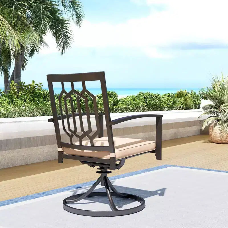 Set da pranzo da esterno in metallo da 7 pezzi con tavolo rettangolare con foro per ombrellone e sedie girevoli con braccioli - Captiva Designs