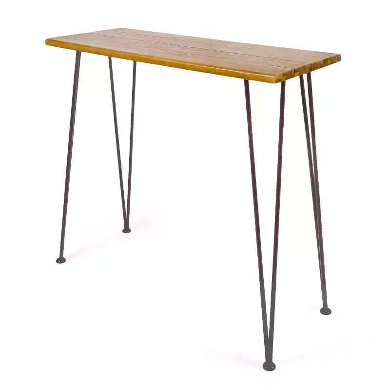 Denali Acacia Wood Rectangle Industrial Bar Table Teak: Wrought Iron Hairpin Legs, Weather-Resistant - Christopher Knight Home