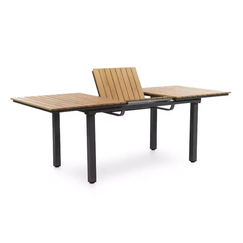 Greemotion 61.4"-93.9" Mackay DSC Teak Wood & Metal Rectangle Outdoor Patio Dining Table with Self Storing Butterfly L: Seats 8