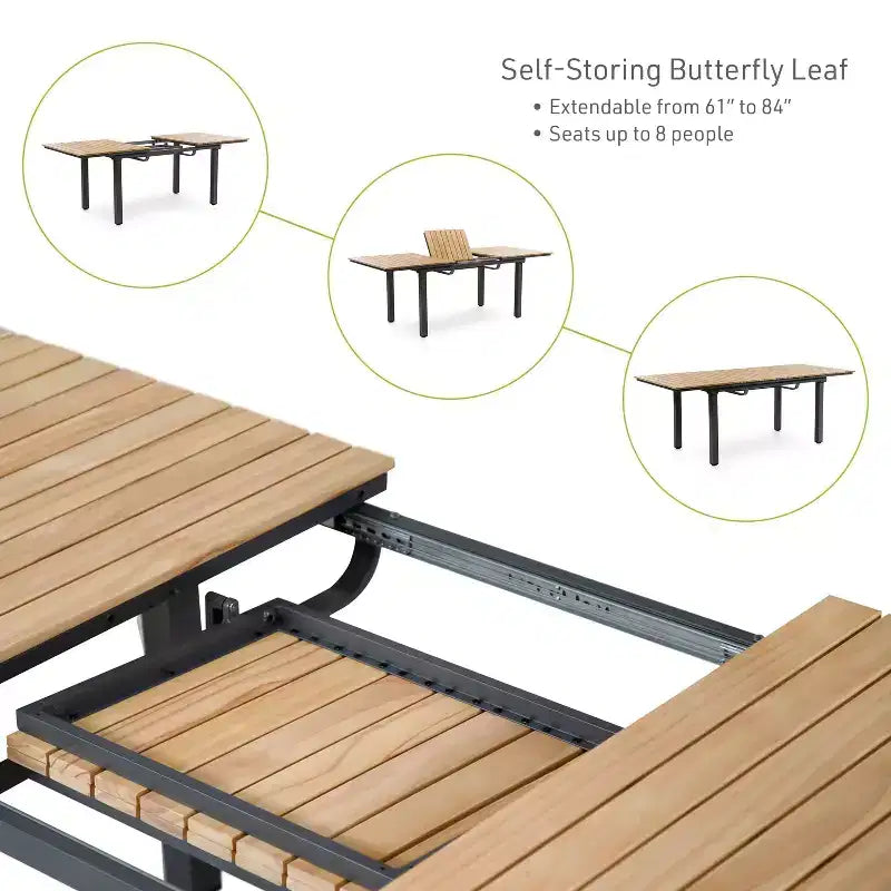 Greemotion 61,4"-93,9" Mackay Teak e Metallo Tavolo da Pranzo Rettangolare da Esterno con Prolunga a Farfalla Autoconservante: 8 Posti a Sedere