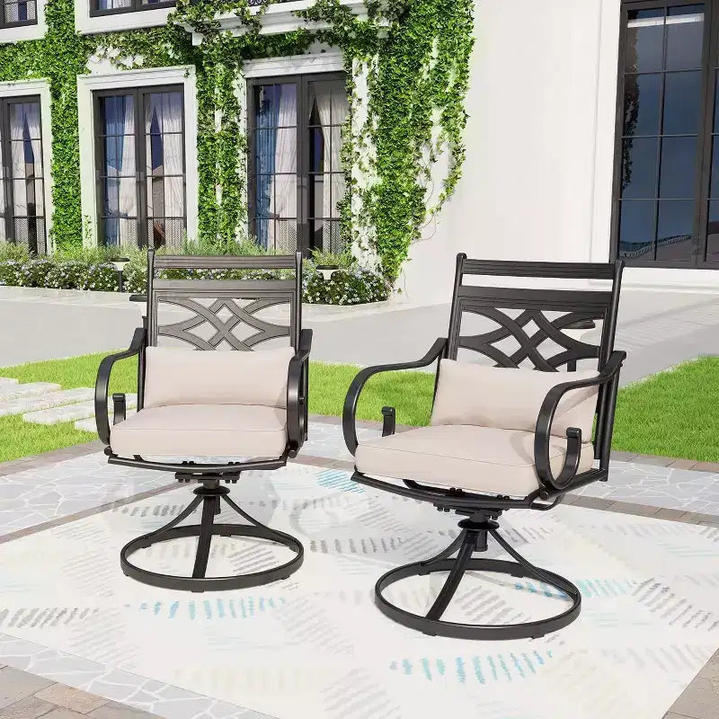 Set da pranzo da esterni 5 pezzi con sedie girevoli con cuscini spessi per seduta e schienale e tavolo quadrato in finto legno con foro per ombrellone - Captiva Designs