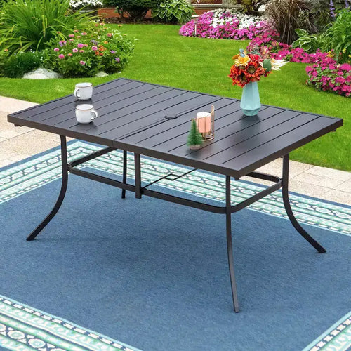 Set da pranzo da esterni 7 pezzi con tavolo rettangolare in acciaio da 150x89 cm con foro per ombrellone da 4 cm e 6 sedie in acciaio con braccioli Nere - Captiva Designs