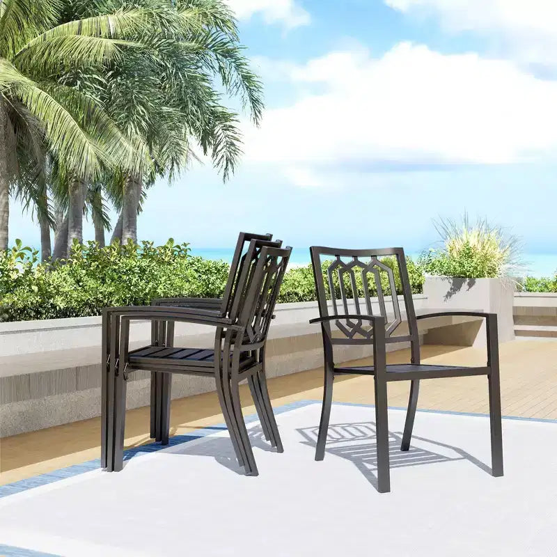 Set da pranzo da esterni 7 pezzi con tavolo rettangolare in acciaio da 150x89 cm con foro per ombrellone da 4 cm e 6 sedie in acciaio con braccioli Nere - Captiva Designs
