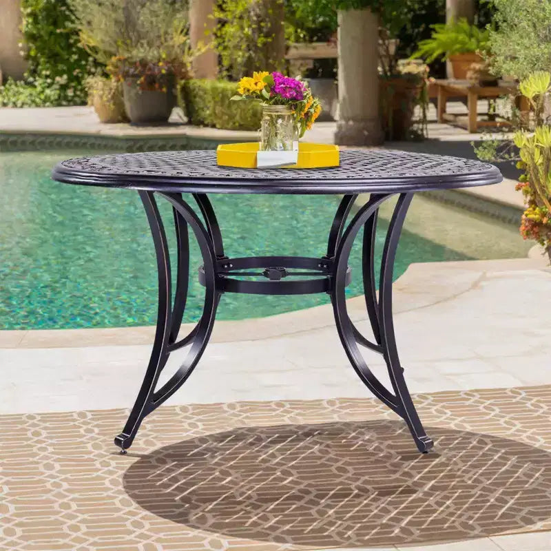 Tavolo rotondo da pranzo per patio da 48 pollici in alluminio, foro per ombrellone, resistente alla ruggine, design per tutte le stagioni - Nero - WELLFOR: alluminio pressofuso, non allungabile