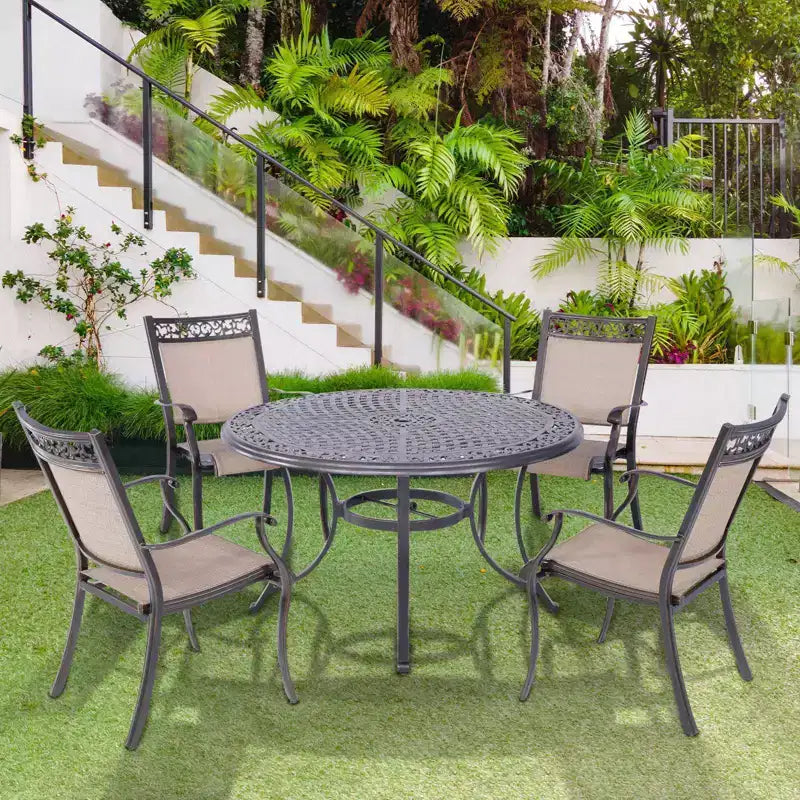 Tavolo rotondo da pranzo per patio da 48 pollici in alluminio, foro per ombrellone, resistente alla ruggine, design per tutte le stagioni - Nero - WELLFOR: alluminio pressofuso, non allungabile