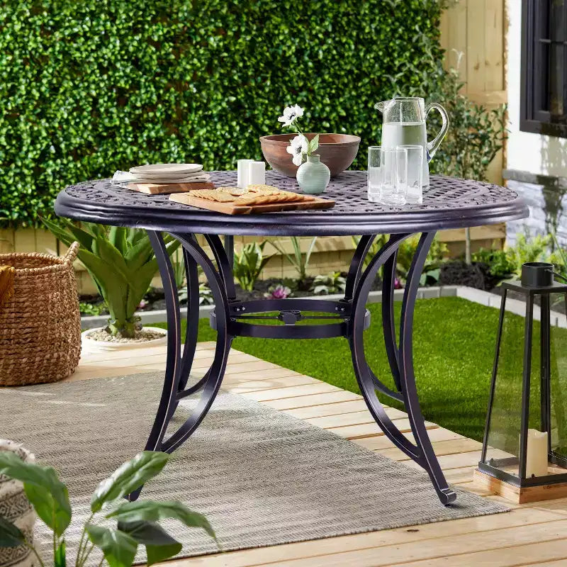 Tavolo rotondo da pranzo per patio da 48 pollici in alluminio, foro per ombrellone, resistente alla ruggine, design per tutte le stagioni - Nero - WELLFOR: alluminio pressofuso, non allungabile