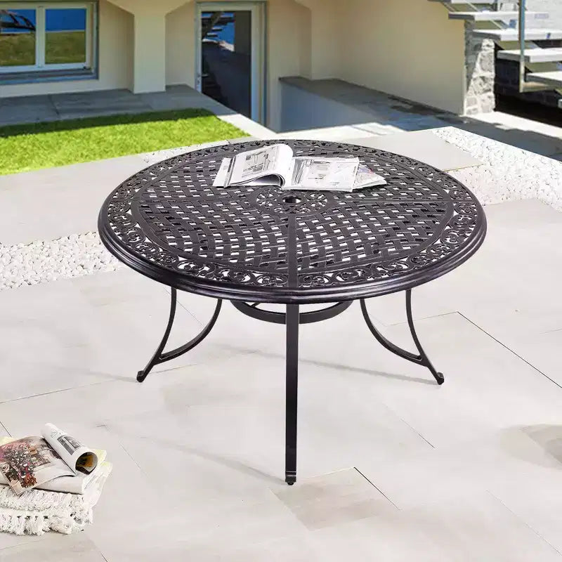Tavolo rotondo da pranzo per patio da 48 pollici in alluminio, foro per ombrellone, resistente alla ruggine, design per tutte le stagioni - Nero - WELLFOR: alluminio pressofuso, non allungabile