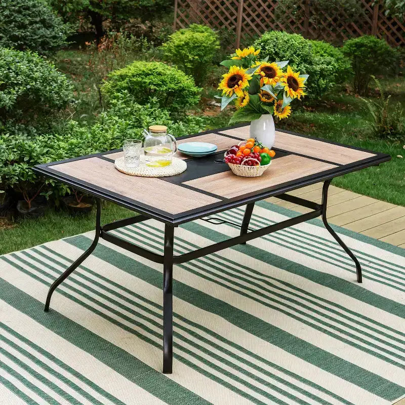 Set da pranzo da esterno 7 pezzi: struttura in acciaio resistente alle intemperie e legno effetto legno - Captiva Designs