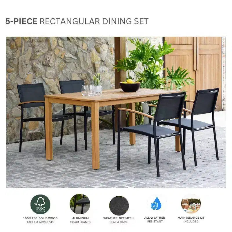 Amazonia 5pz Eucalipto Rettangolare Minerva Set da Pranzo da Esterno Nero