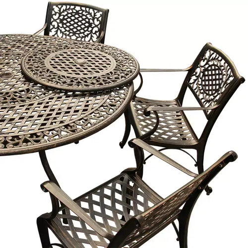 Set da pranzo per patio da 7 pezzi con tavolo rotondo in alluminio a maglia ornamentale tradizionale da 59" con vassoio girevole - Bronzo - Oakland Living: resistente ai raggi UV