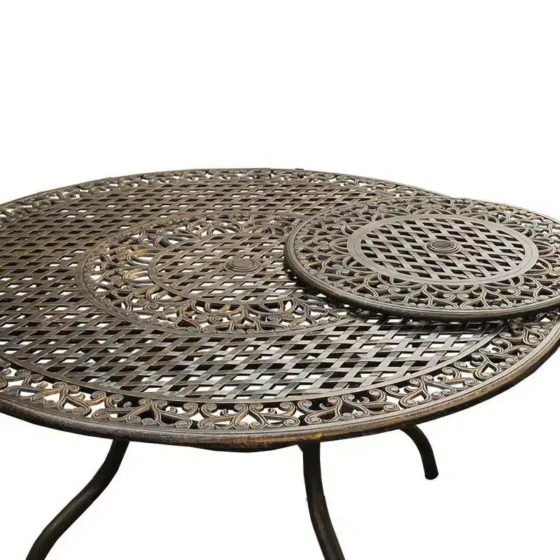 Set da pranzo per patio da 7 pezzi con tavolo rotondo in alluminio a maglia ornamentale tradizionale da 59" con vassoio girevole - Bronzo - Oakland Living: resistente ai raggi UV
