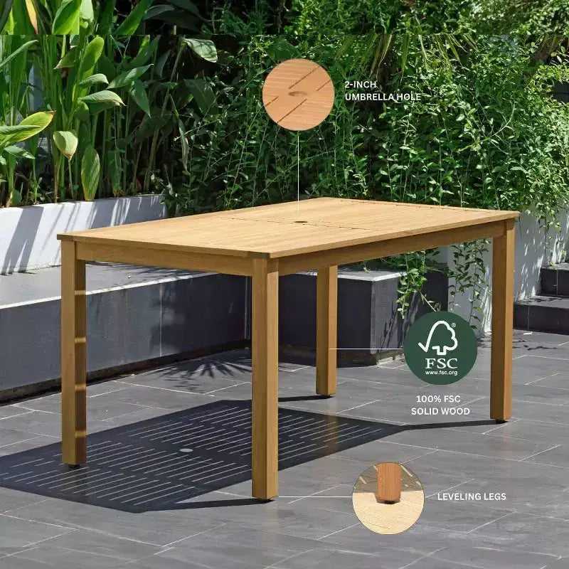 Tavolo da pranzo rettangolare Amazonia in eucalipto per esterni in legno naturale: 6 posti, con foro per ombrellone