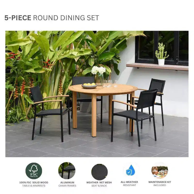 Amazonia Set da Pranzo Rotondo da Esterno Longbottom in Eucalipto 5pz Nero: Resistente alle Intemperie e ai Raggi UV