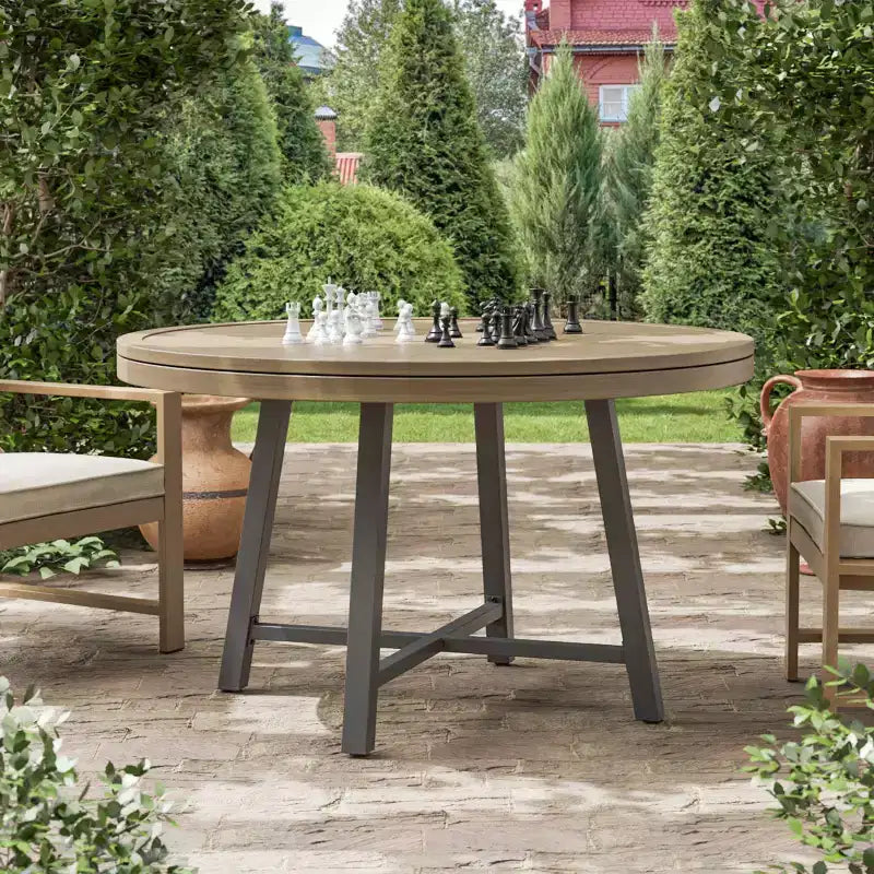 Greemotion Tavolo da Pranzo Rotondo Trasformabile 3-in-1 Lyon da Esterno 128 cm: Protezione UV, Scacchiera, Struttura Grigia