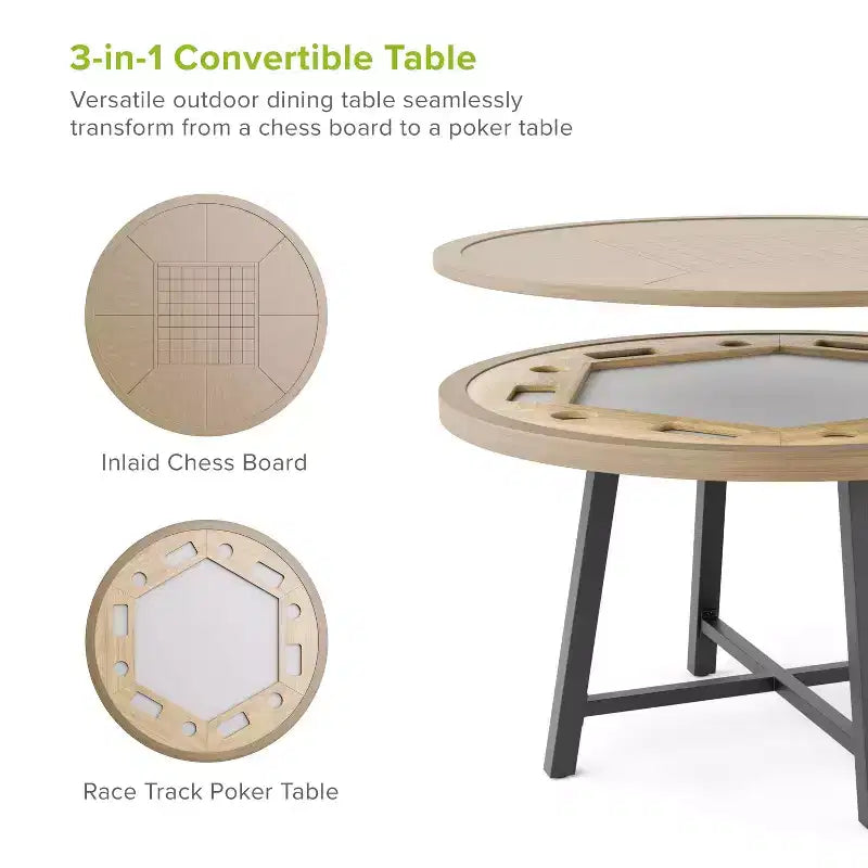 Greemotion Tavolo da Pranzo Rotondo Trasformabile 3-in-1 Lyon da Esterno 128 cm: Protezione UV, Scacchiera, Struttura Grigia