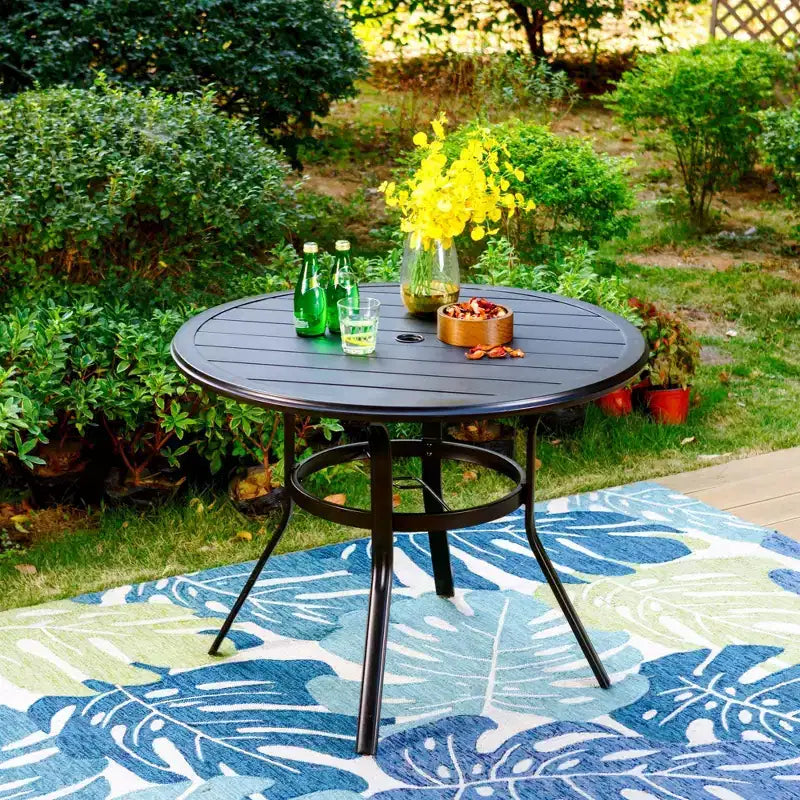 Round Patio Dining Table with Umbrella Hole - Black - Captiva Designs: Weather-Resistant Outdoor Furniture