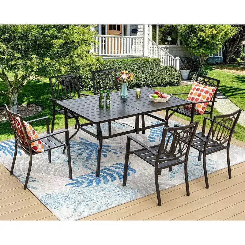 Tavolo da Pranzo Rettangolare in Acciaio per Esterni - Nero - Captiva Designs: 6 Posti, Rivestimento E-Coating, Resistente agli Agenti Atmosferici