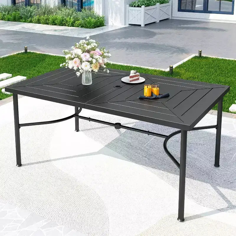 Tavolo da Pranzo Rettangolare in Acciaio Inox da Esterno con Foro per Ombrellone - Captiva Designs: Verniciato a Polvere, 6 Posti, Resistente agli Agenti Atmosferici