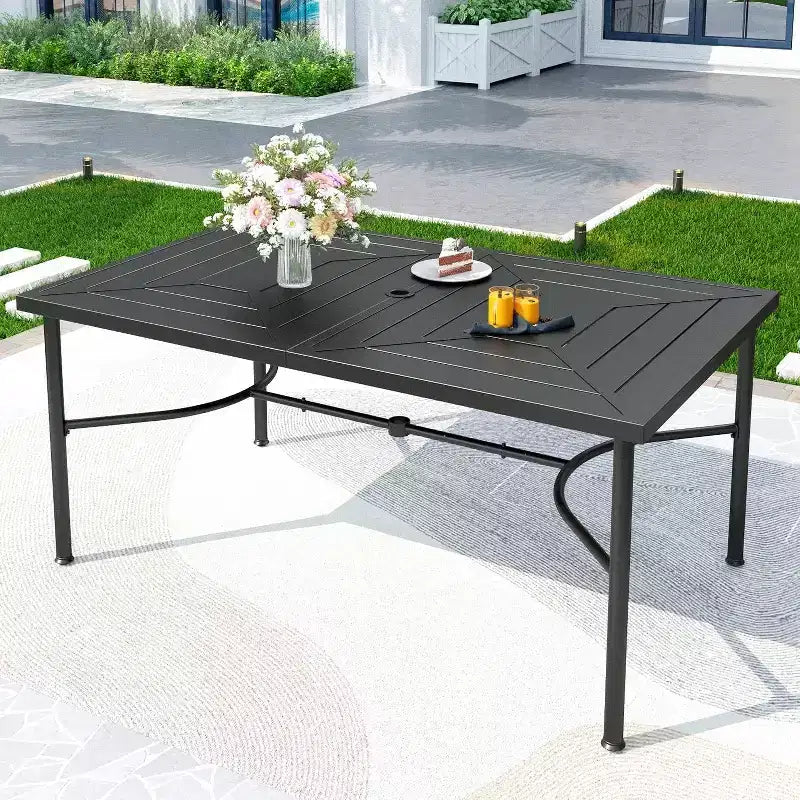 Tavolo da Pranzo Rettangolare in Acciaio Inox da Esterno con Foro per Ombrellone - Captiva Designs: Verniciato a Polvere, 6 Posti, Resistente agli Agenti Atmosferici