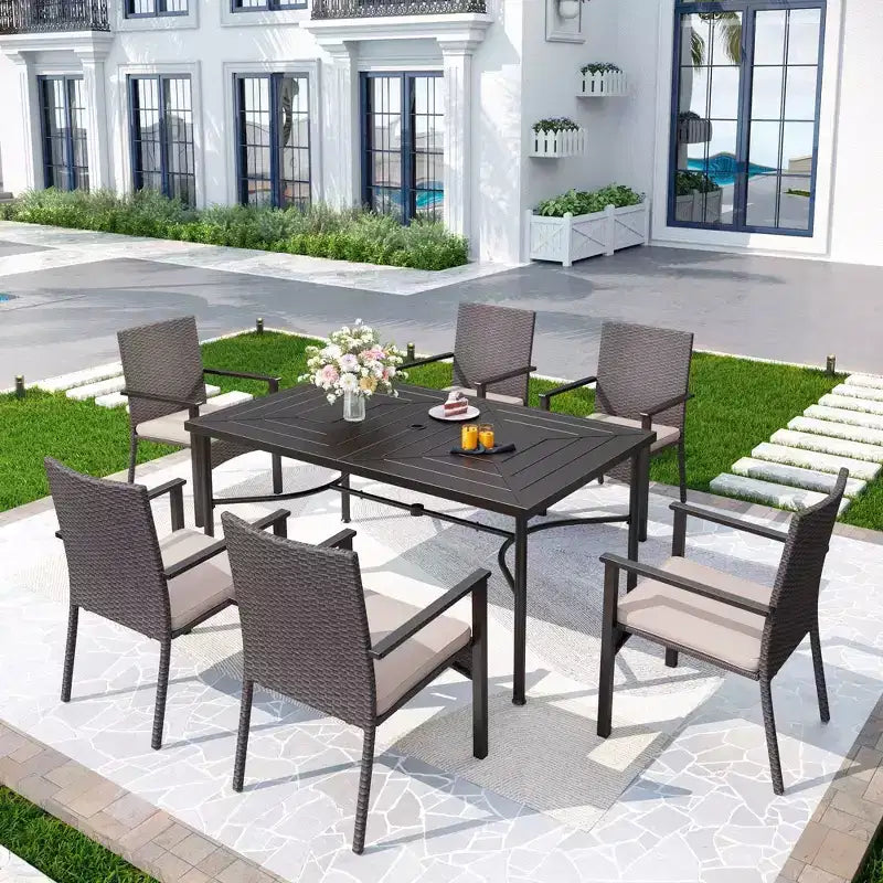 Tavolo da Pranzo Rettangolare in Acciaio Inox da Esterno con Foro per Ombrellone - Captiva Designs: Verniciato a Polvere, 6 Posti, Resistente agli Agenti Atmosferici