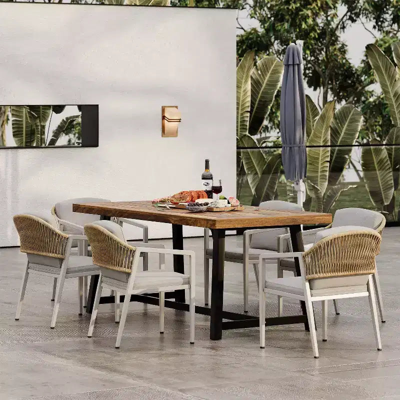 Christopher Knight 7 pz Home Jasmine Set da pranzo per esterni a 6 posti con struttura in ferro e legno di acacia