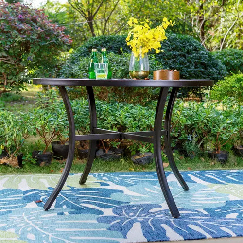 Set da pranzo per patio 5 pezzi con tavolo rotondo e sedie a braccioli in acciaio con schienale a righe - Nero - Captiva Designs: Resistente agli agenti atmosferici, Non estensibile