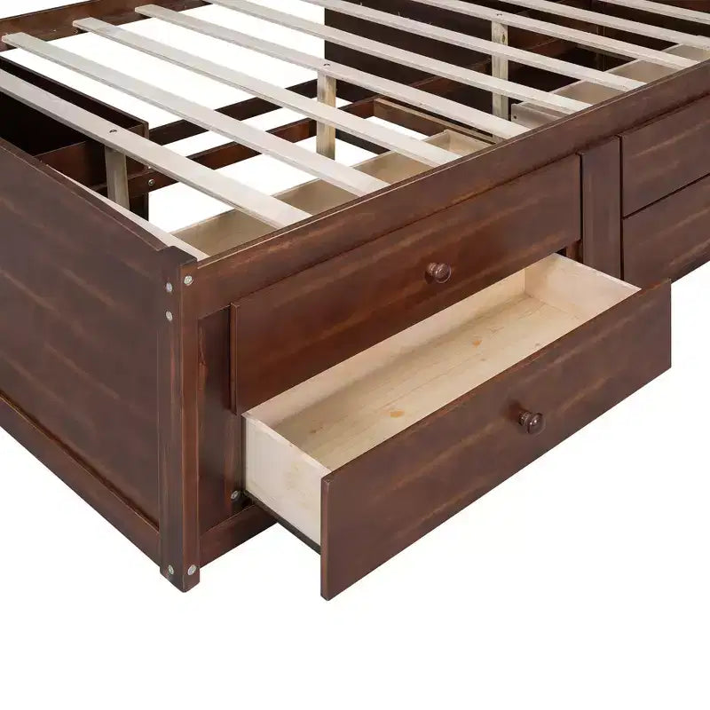 Letto/Divano Letto Matrimoniale in Legno con Ripiani, 4 Cassetti e 2 Armadietti, Marrone Antico - ModernLuxe