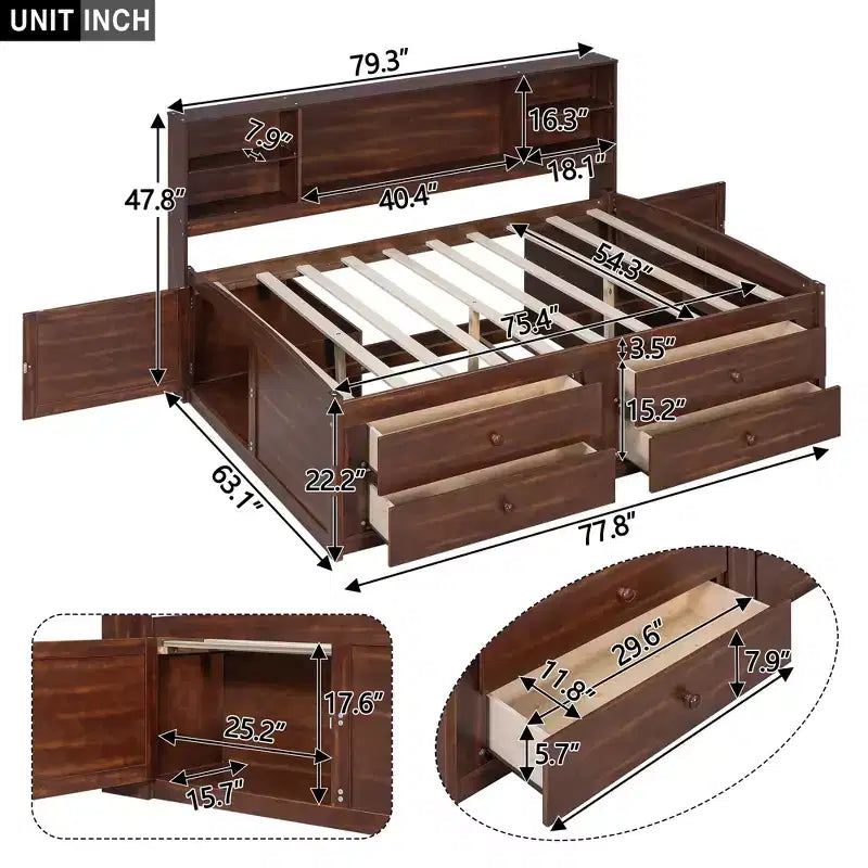 Letto/Divano Letto Matrimoniale in Legno con Ripiani, 4 Cassetti e 2 Armadietti, Marrone Antico - ModernLuxe