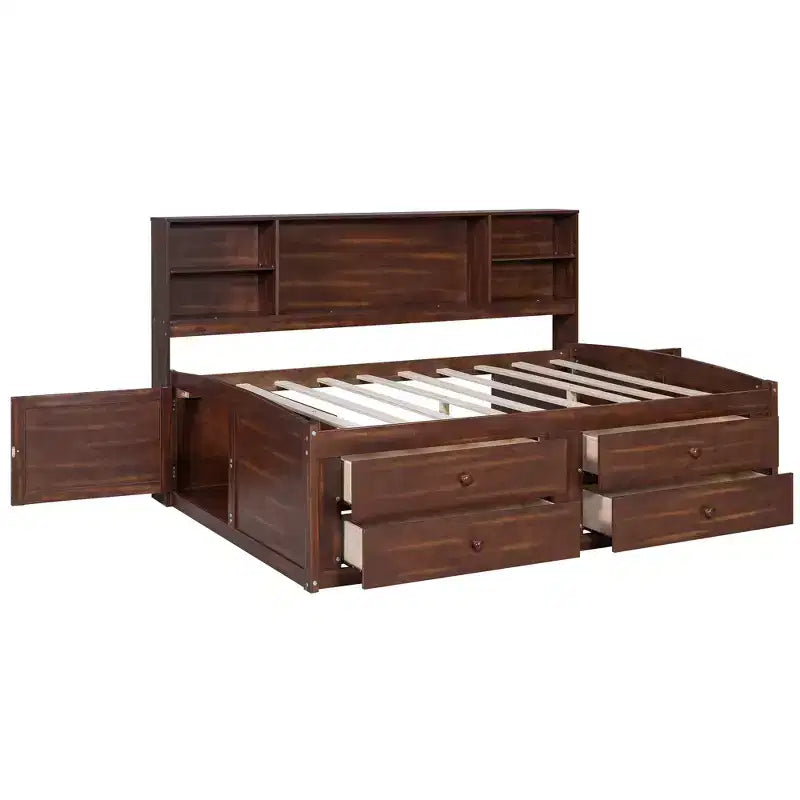 Letto/Divano Letto Matrimoniale in Legno con Ripiani, 4 Cassetti e 2 Armadietti, Marrone Antico - ModernLuxe