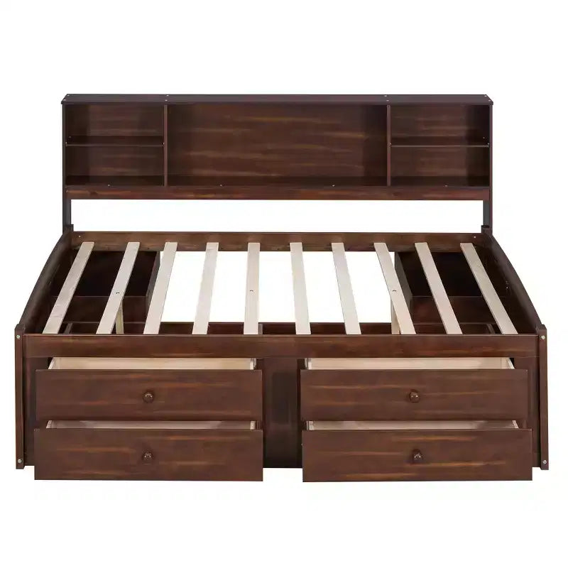 Letto/Divano Letto Matrimoniale in Legno con Ripiani, 4 Cassetti e 2 Armadietti, Marrone Antico - ModernLuxe