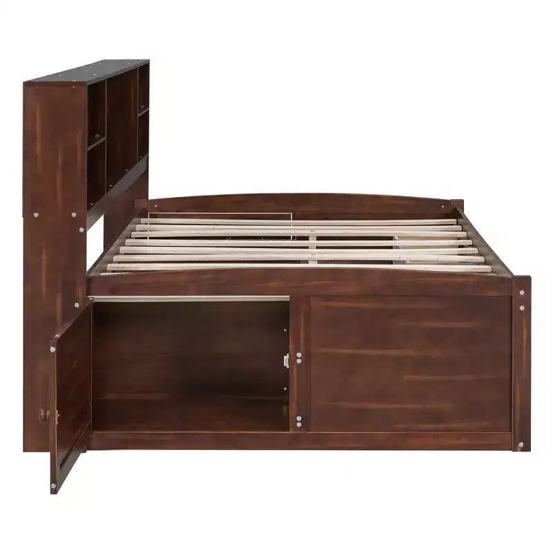 Letto/Divano Letto Matrimoniale in Legno con Ripiani, 4 Cassetti e 2 Armadietti, Marrone Antico - ModernLuxe