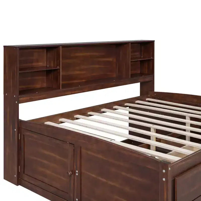 Letto/Divano Letto Matrimoniale in Legno con Ripiani, 4 Cassetti e 2 Armadietti, Marrone Antico - ModernLuxe