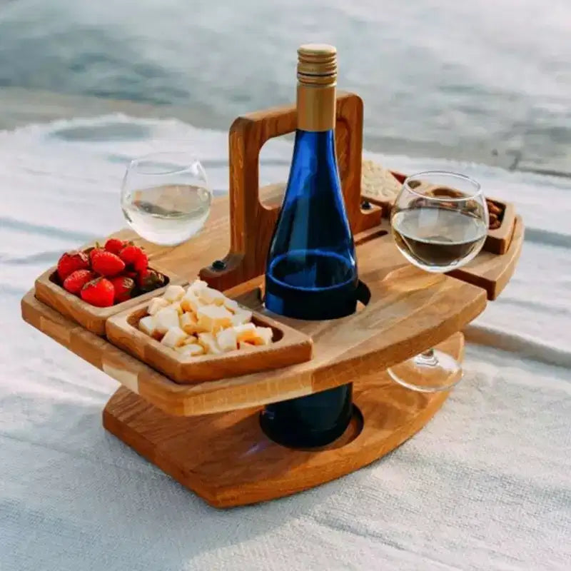 Tavolo da picnic in legno, con maniglia per il trasporto, porta bicchieri da vino rimovibile portatile per esterni, vassoio per frutta e snack