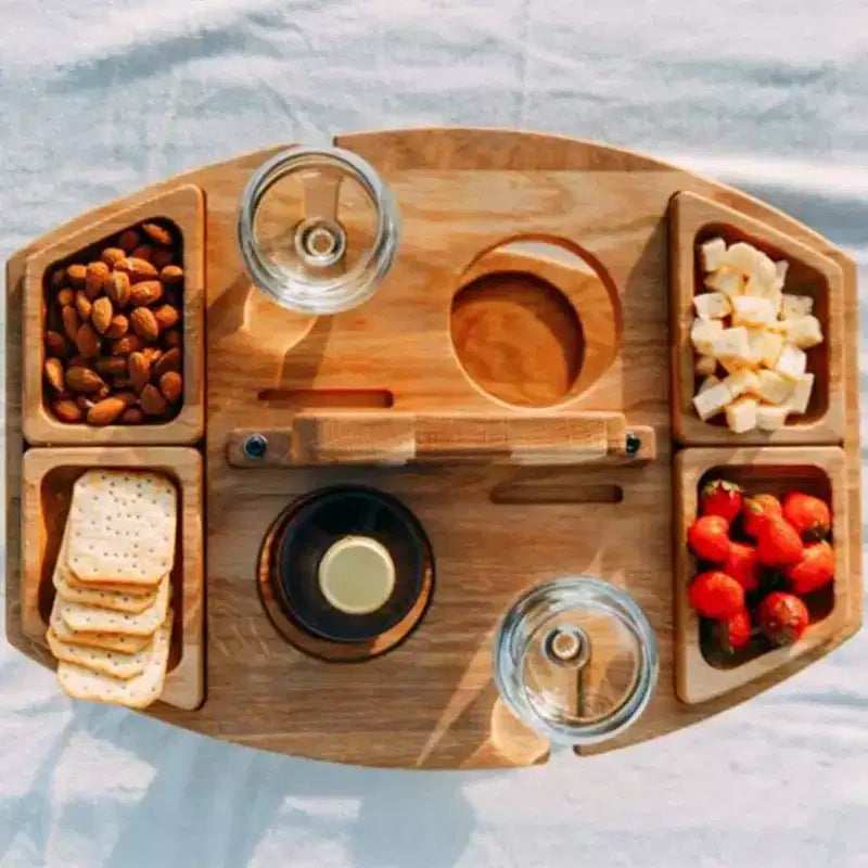 Tavolo da picnic in legno, con maniglia per il trasporto, porta bicchieri da vino rimovibile portatile per esterni, vassoio per frutta e snack