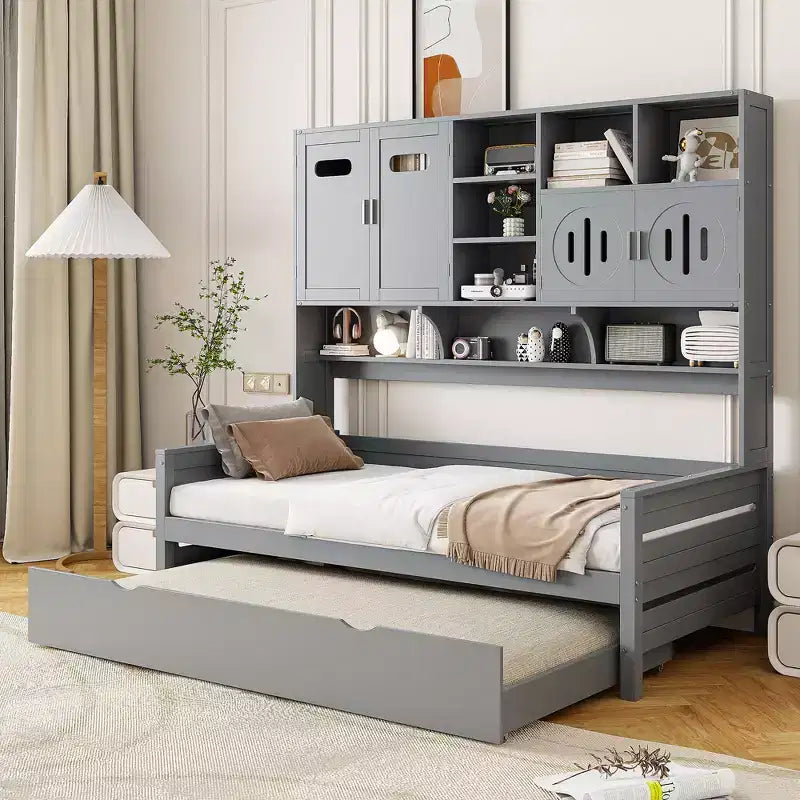 Twin/Full Size Daybed with Twin Size Trundle and All-in-One Cabinet and Shelf-ModernLuxe