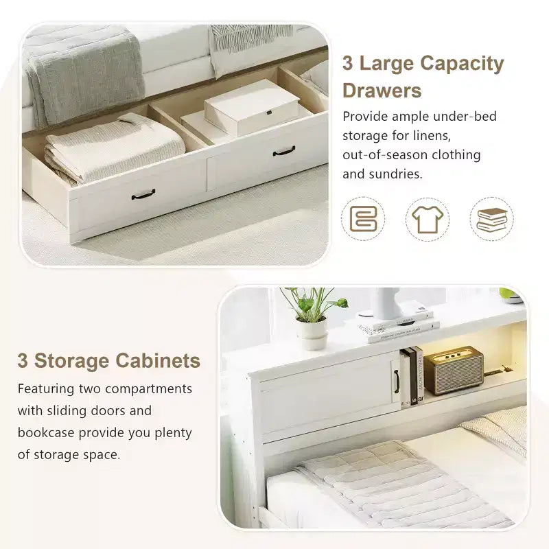 Letto da giorno a L Captain per due letti singoli/una piazza e mezza con cassetti, libreria, faretto a LED, prese CA e porte USB, bianco-ModernLuxe
