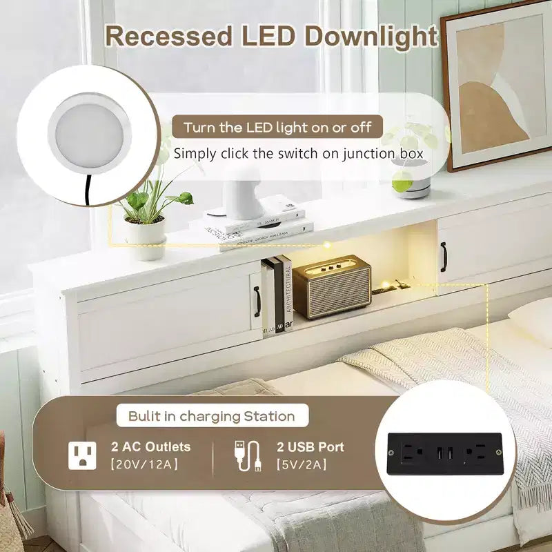 Letto da giorno a L Captain per due letti singoli/una piazza e mezza con cassetti, libreria, faretto a LED, prese CA e porte USB, bianco-ModernLuxe
