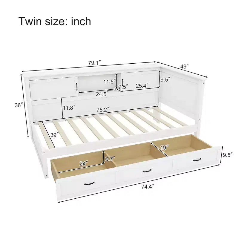 Letto da giorno a L Captain per due letti singoli/una piazza e mezza con cassetti, libreria, faretto a LED, prese CA e porte USB, bianco-ModernLuxe