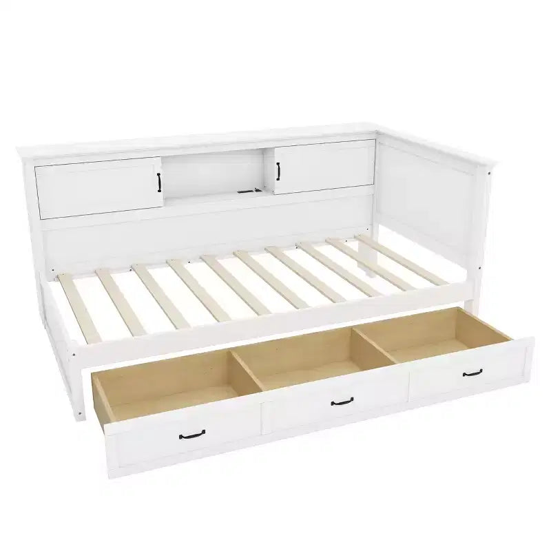 Letto da giorno a L Captain per due letti singoli/una piazza e mezza con cassetti, libreria, faretto a LED, prese CA e porte USB, bianco-ModernLuxe