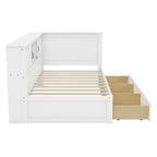 Letto da giorno a L Captain per due letti singoli/una piazza e mezza con cassetti, libreria, faretto a LED, prese CA e porte USB, bianco-ModernLuxe