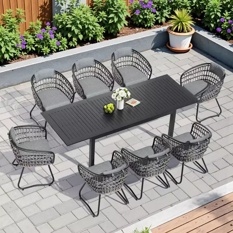 Crestlive Products Set da pranzo espandibile da 9 pezzi per patio, tavolo rettangolare da esterno in alluminio da 6-8 posti con sedie in rattan