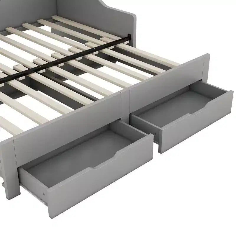 Divano letto da una piazza o una piazza e mezza con porte USB, librerie portaoggetti e due cassetti, bianco/grigio-ModernLuxe