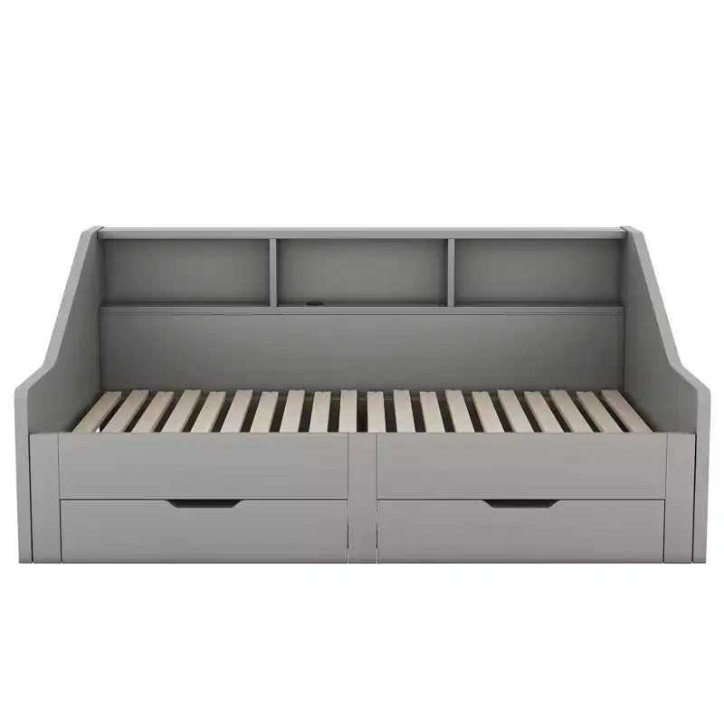 Divano letto da una piazza o una piazza e mezza con porte USB, librerie portaoggetti e due cassetti, bianco/grigio-ModernLuxe