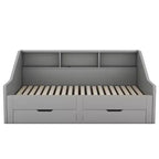 Divano letto da una piazza o una piazza e mezza con porte USB, librerie portaoggetti e due cassetti, bianco/grigio-ModernLuxe