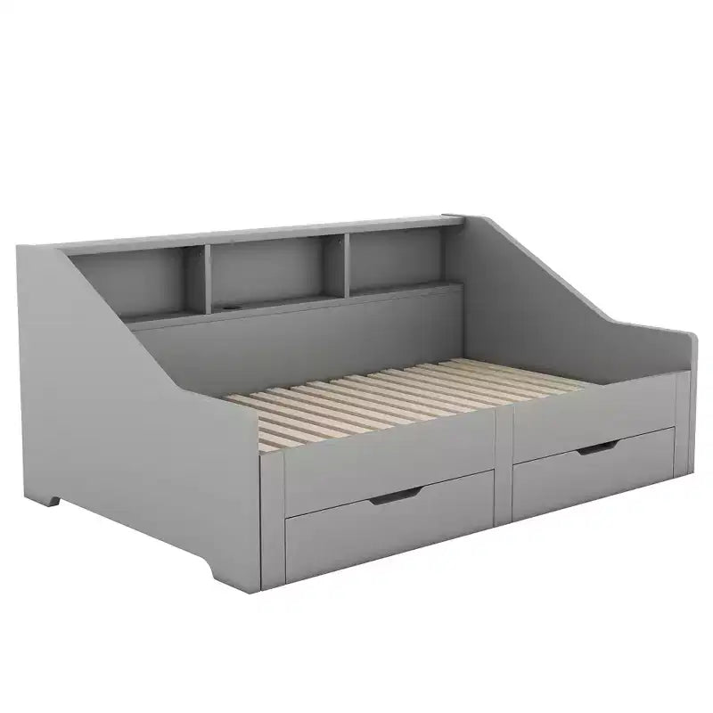 Divano letto da una piazza o una piazza e mezza con porte USB, librerie portaoggetti e due cassetti, bianco/grigio-ModernLuxe